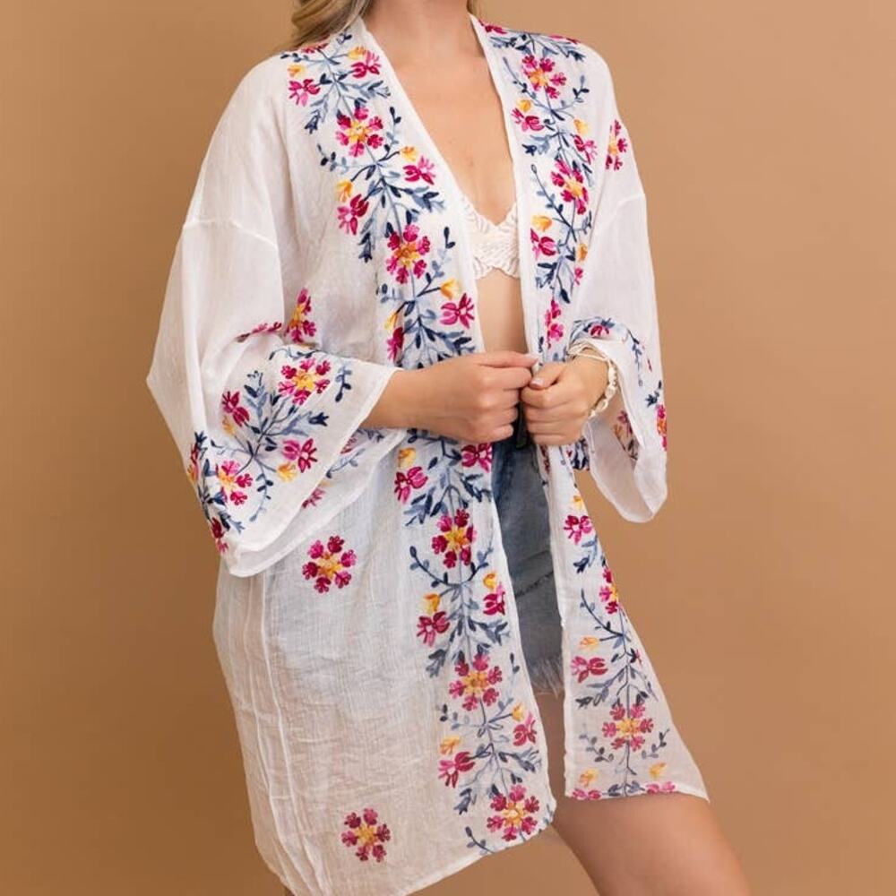 Lightweight Boho Festival Floral Embroidered Anemone Kimono White